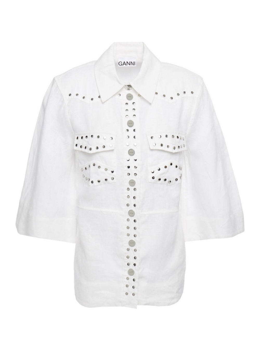 Ganni White Stud-Embellished Short-Sleeve Shirt Jacket